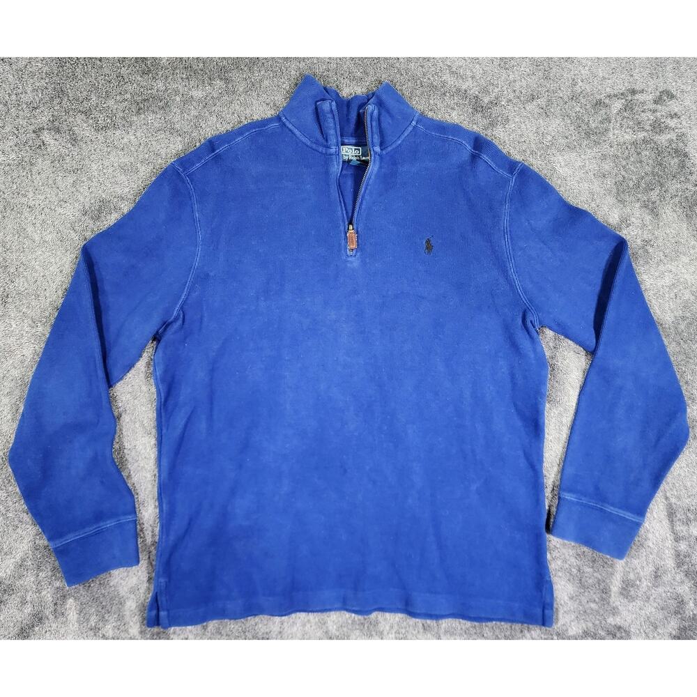 Polo By Ralph Lauren Pullover Mens L Blue Mock Neck 1/4 Zip Sweater Logo Cotton